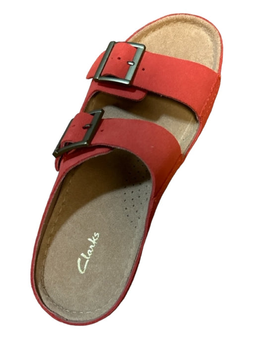 Clarks Shoe Size 8.5 Red & Tan Suede Two Strap Buckles Rubber Sole Sandals Red & Tan / 8.5