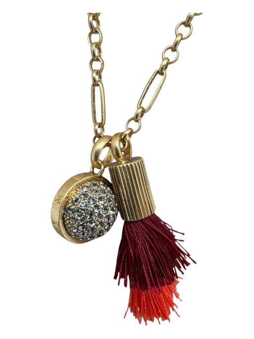 India Hicks Red, Orange, Gold Metal Fringe Rhinestone Charms Long Necklace Red, Orange, Gold