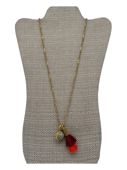 India Hicks Red, Orange, Gold Metal Fringe Rhinestone Charms Long Necklace Red, Orange, Gold