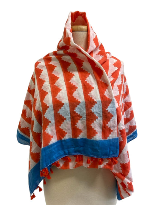 Oliphant Orange, Blue, White Cotton Abstract Print Fringe Detail scarf Orange, Blue, White / One Size