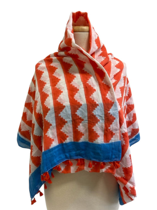 Oliphant Orange, Blue, White Cotton Abstract Print Fringe Detail scarf Orange, Blue, White / One Size