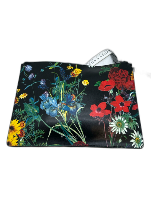 Alice + Olivia Black & Multi Leather Zip Close Floral Wristlet Clutch Bag Black & Multi / M