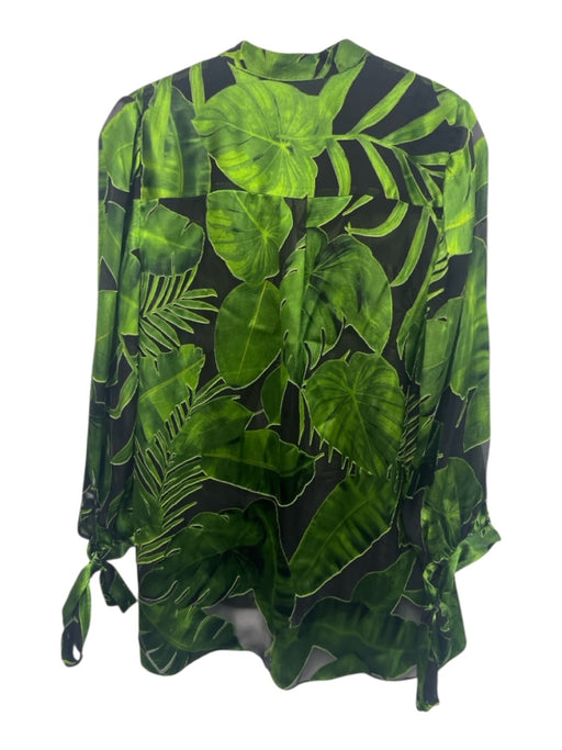 Alice + Olivia Size S Black & Green Silk Blend Botanical Semi Sheer V Neck Top Black & Green / S
