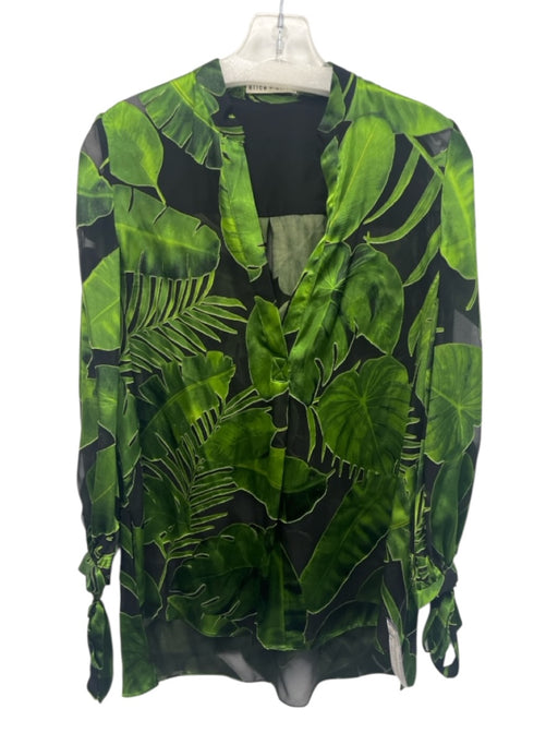 Alice + Olivia Size S Black & Green Silk Blend Botanical Semi Sheer V Neck Top Black & Green / S