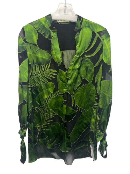 Alice + Olivia Size S Black & Green Silk Blend Botanical Semi Sheer V Neck Top Black & Green / S