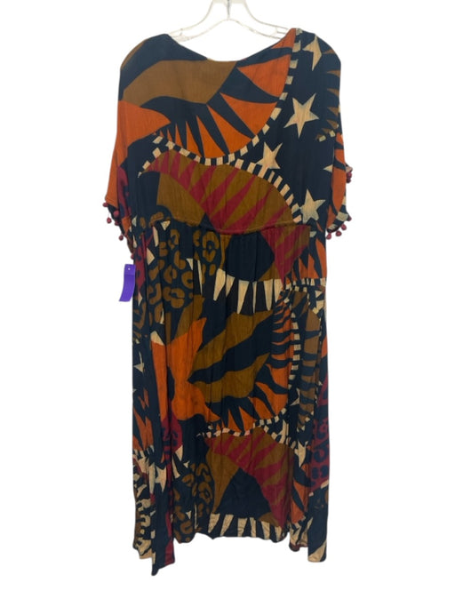 Farm for Anthropologie Size S Navy Blue, Orange & Brown Viscose V Neck Dress Navy Blue, Orange & Brown / S