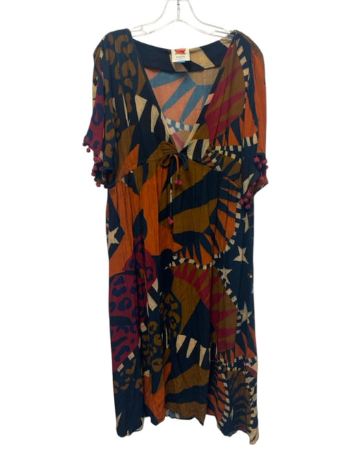 Farm for Anthropologie Size S Navy Blue, Orange & Brown Viscose V Neck Dress Navy Blue, Orange & Brown / S