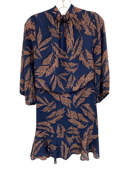 THML Size M Navy & Orange Polyester Chiffon Leaves Elastic Waist Flare Hem Dress Navy & Orange / M