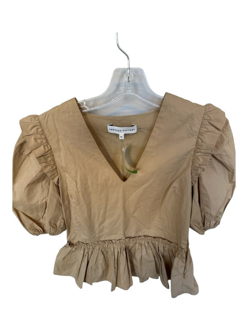 English Factory Size XS Tan Cotton Short Balloon Sleeve Ruffles Peplum Top Tan / XS