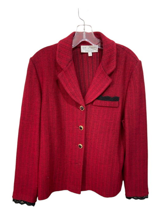 St. John Size 10 Red & Black Wool Blend Long Sleeve Buttons Knit Collar Jacket Red & Black / 10