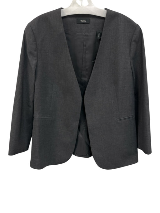 Theory Size 10 Grey Wool Blend Open Front Long Sleeve Slit Pocket Jacket Grey / 10