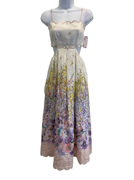 Zimmermann Size 1 White, Purple & Pink Linen Scalloped Edge Cutout Floral Dress White, Purple & Pink / 1