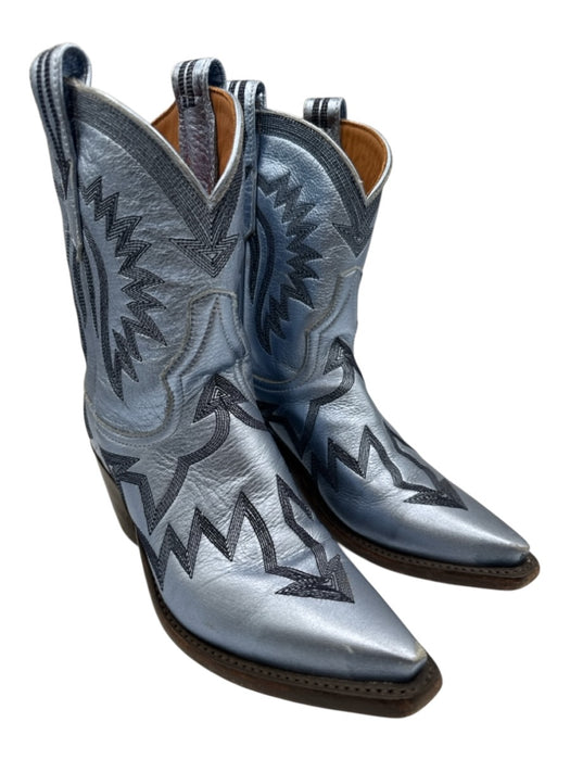 Miron Crosby Shoe Size 6.5 Blue Leather Upper Metallic Embroidered Design Boots Blue / 6.5