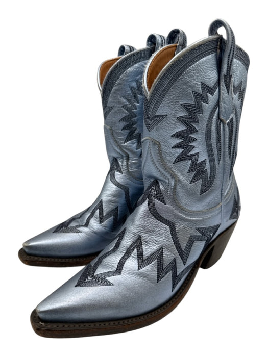 Miron Crosby Shoe Size 6.5 Blue Leather Upper Metallic Embroidered Design Boots Blue / 6.5