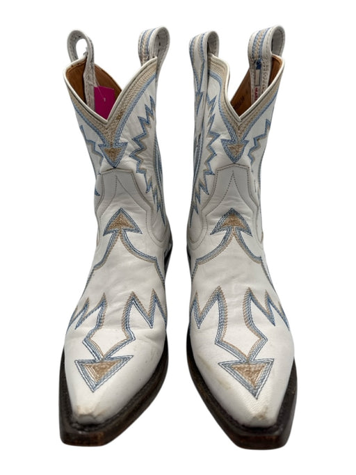 Miron Crosby Shoe Size 6 White, Blue & Beige Leather Upper Cowboy Mid Calf Boots White, Blue & Beige / 6