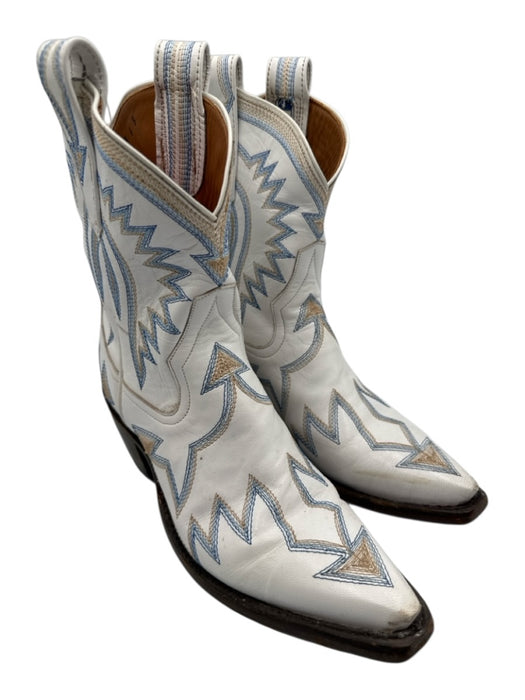 Miron Crosby Shoe Size 6 White, Blue & Beige Leather Upper Cowboy Mid Calf Boots White, Blue & Beige / 6