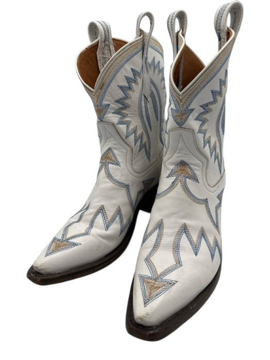 Miron Crosby Shoe Size 6 White, Blue & Beige Leather Upper Cowboy Mid Calf Boots White, Blue & Beige / 6