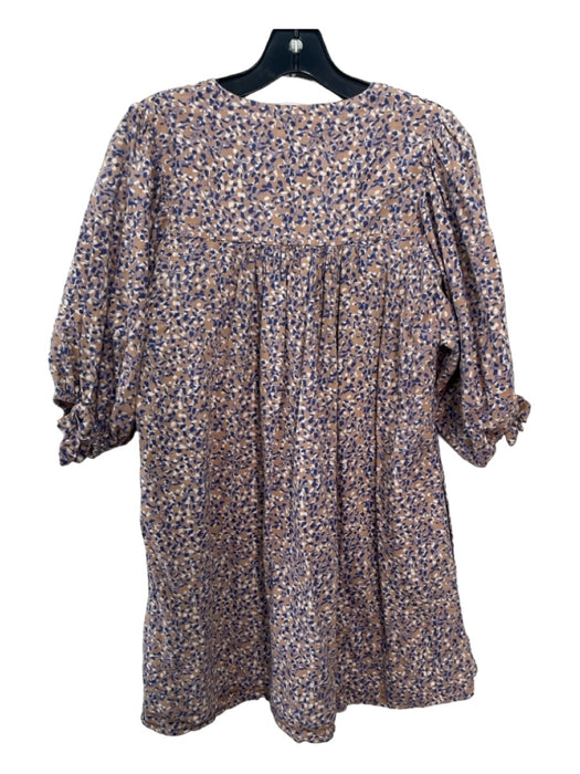 Mirth Size XS Beige & Purple Cotton Abstract Floral V Neck 1/2 Puff Sleeve Dress Beige & Purple / XS