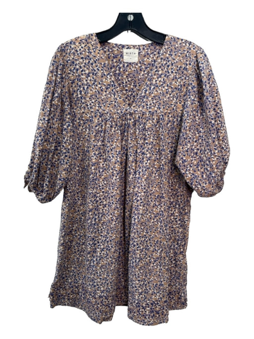 Mirth Size XS Beige & Purple Cotton Abstract Floral V Neck 1/2 Puff Sleeve Dress Beige & Purple / XS