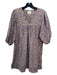 Mirth Size XS Beige & Purple Cotton Abstract Floral V Neck 1/2 Puff Sleeve Dress Beige & Purple / XS