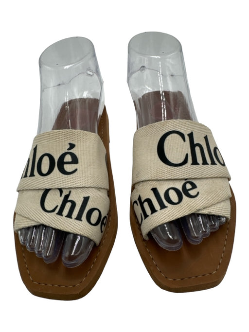 Chloe Shoe Size 36 Brown & White Canvas Open Toe & Heel Logo Flat Sandals Brown & White / 36