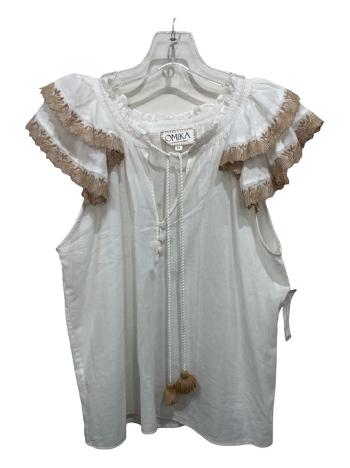 Omika Size M White & Beige Cotton Ruffle Neck Tiered Short Sleeve Tassel Top White & Beige / M