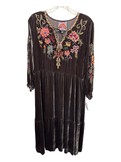 Johnny Was Size S Brown & Multi Rayon Blend Velvet Embroidered Flowers Dress Brown & Multi / S