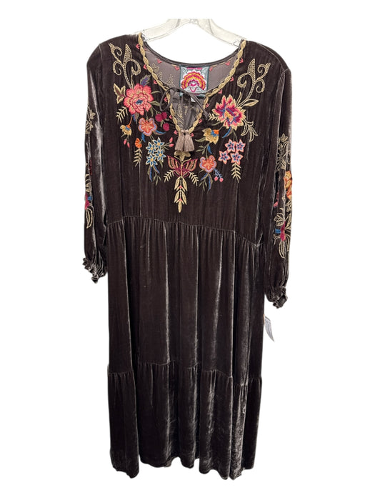 Johnny Was Size S Brown & Multi Rayon Blend Velvet Embroidered Flowers Dress Brown & Multi / S