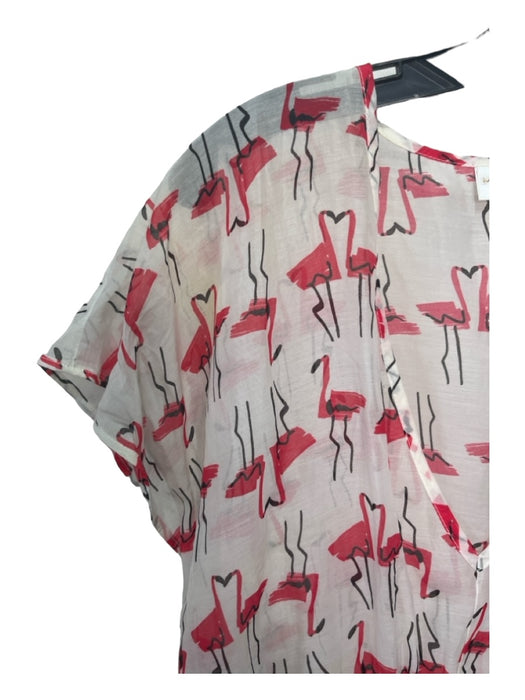 Milly Size S White & Pink Cotton Flamingo V Neck Drop Shoulder Coverup Dress White & Pink / S