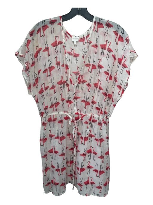 Milly Size S White & Pink Cotton Flamingo V Neck Drop Shoulder Coverup Dress White & Pink / S