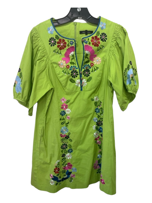 Nanette Lepore Size 4 Green & Multi Cotton Floral Embroidered V Neck Shift Dress Green & Multi / 4