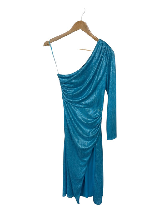 Ramy Brook Size 4 Aqua & Silver Polyester Long Sleeve One Shoulder Metallic Gown Aqua & Silver / 4
