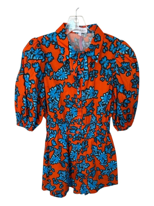Hunter Bell Size 4 Orange & Blue Cotton Long Balloon Sleeve Flowers Romper Orange & Blue / 4