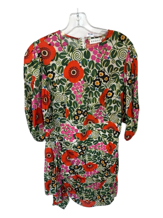 Rhode Size 8 Orange & Green Cotton Long Balloon Sleeve Botanical Ruffles Dress Orange & Green / 8