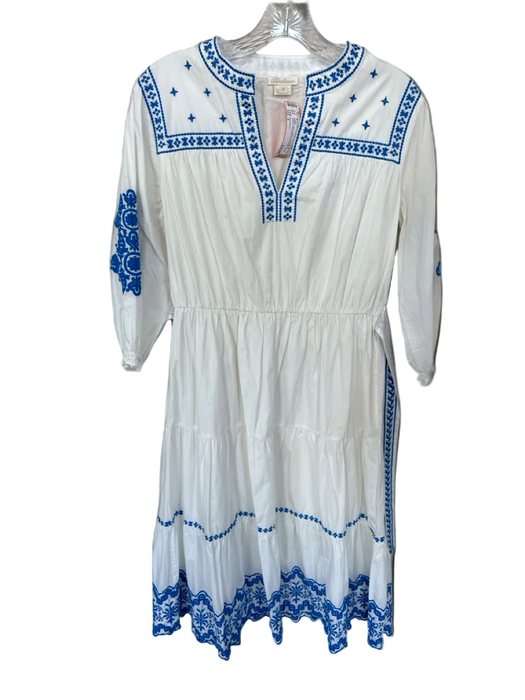 Shoshanna Size 4 White & Blue Cotton Long Balloon Sleeve embroider neck Dress White & Blue / 4