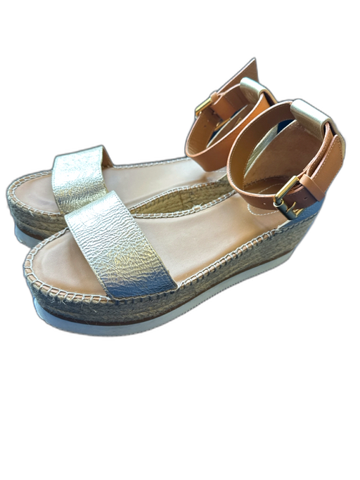 See By Chloe Shoe Size 39 Tan & Gold Suede Platform Espadrille Sandals Tan & Gold / 39