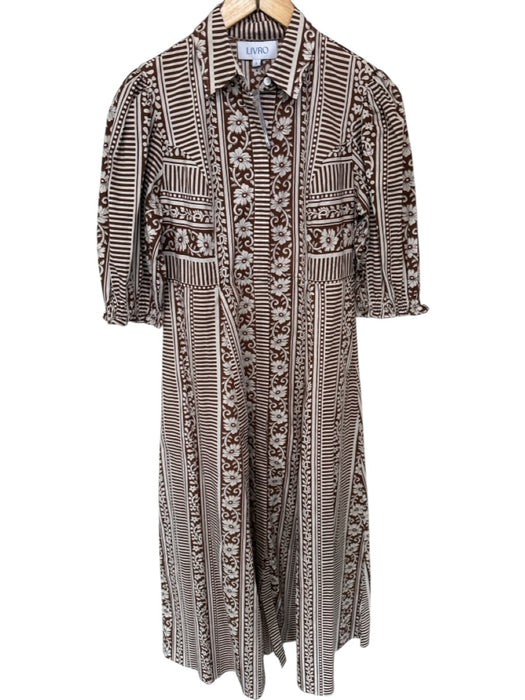 Livro Size S Brown & White Cotton 3/4 Balloon Sleeve Flowers Striped Maxi Dress Brown & White / S