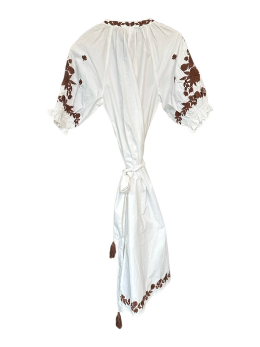 Julia Amory Size S White & Brown Cotton 3/4 Balloon Sleeve V Neck Tassels Dress White & Brown / S