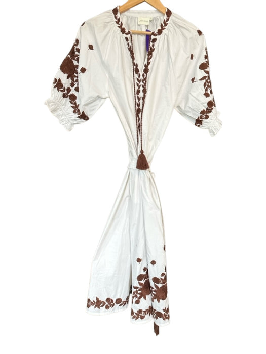 Julia Amory Size S White & Brown Cotton 3/4 Balloon Sleeve V Neck Tassels Dress White & Brown / S