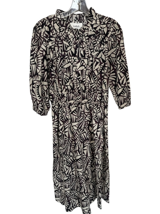 Ba&sh Size M Bone & Black Cotton 3/4 Balloon Sleeve Abstract Button Down Dress Bone & Black / M