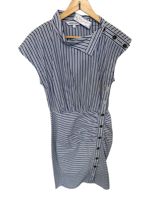 Veronica Beard Size 4 White & Blue Cotton Cap Sleeve Striation Buttons Dress White & Blue / 4