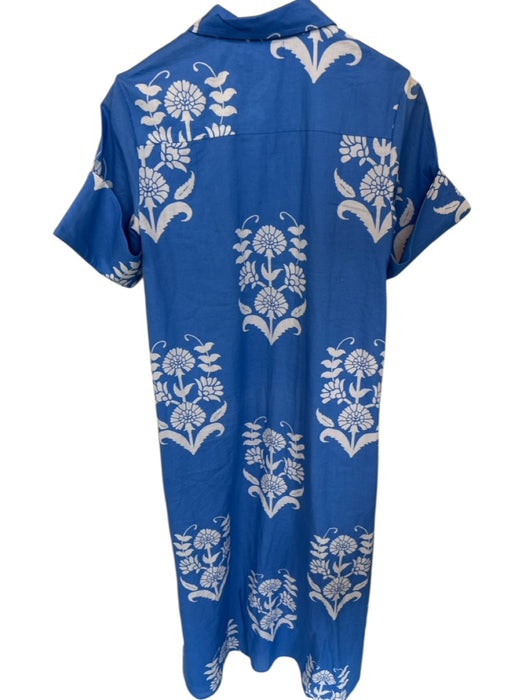 Livro Size S Blue & White Cotton Short Sleeve Botanical Button Down Maxi Dress Blue & White / S