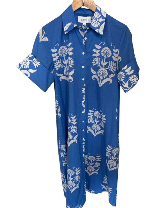 Livro Size S Blue & White Cotton Short Sleeve Botanical Button Down Maxi Dress Blue & White / S