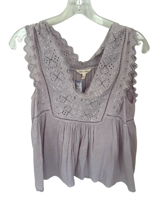 Rebecca Taylor Size 8 Purple Cotton Cap Sleeve Lace Detail V Neck Top Purple / 8