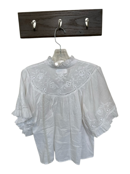XiRENA Size S White Cotton Short Sleeve Lace Detail Ruffles Buttons Top White / S