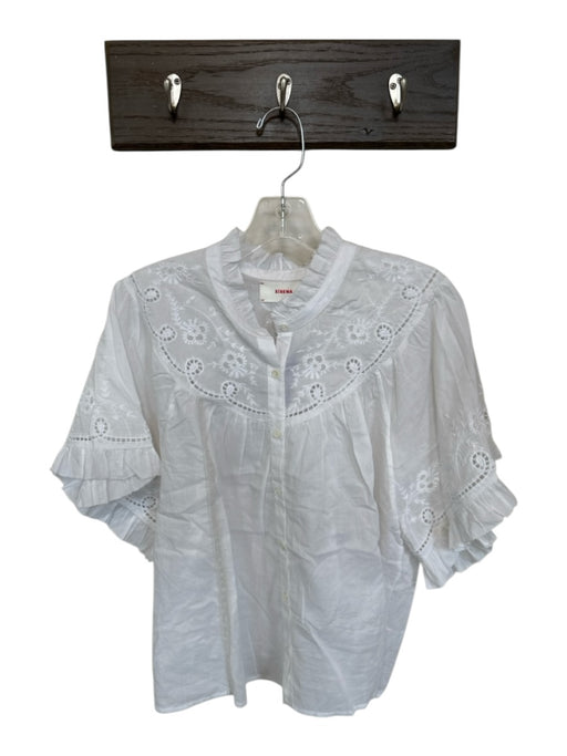XiRENA Size S White Cotton Short Sleeve Lace Detail Ruffles Buttons Top White / S