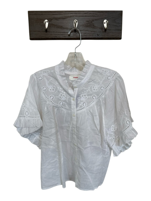 XiRENA Size S White Cotton Short Sleeve Lace Detail Ruffles Buttons Top White / S