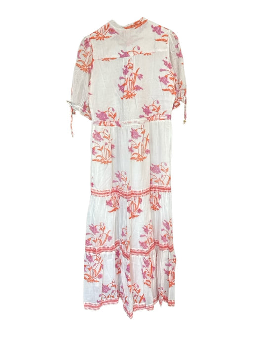 Oliphant Size S White & Orange Cotton 3/4 Balloon Sleeve Flowers Button Dress White & Orange / S