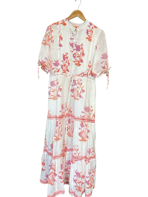 Oliphant Size S White & Orange Cotton 3/4 Balloon Sleeve Flowers Button Dress White & Orange / S