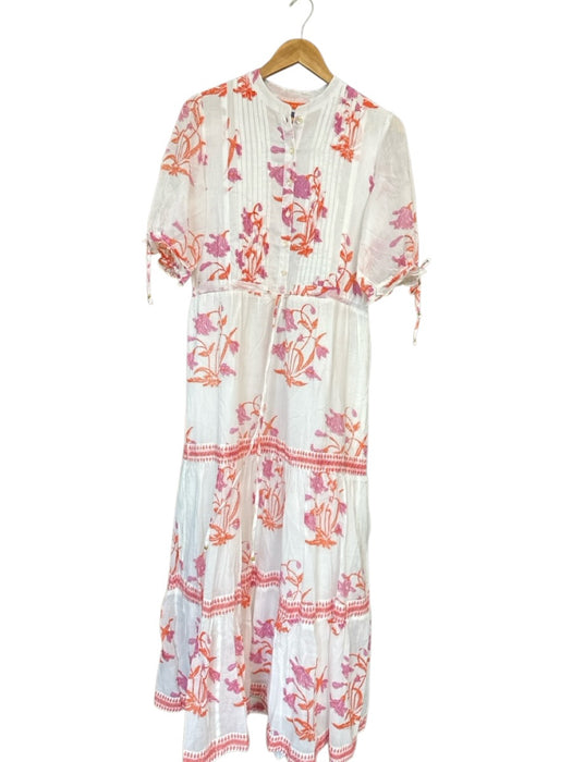 Oliphant Size S White & Orange Cotton 3/4 Balloon Sleeve Flowers Button Dress White & Orange / S